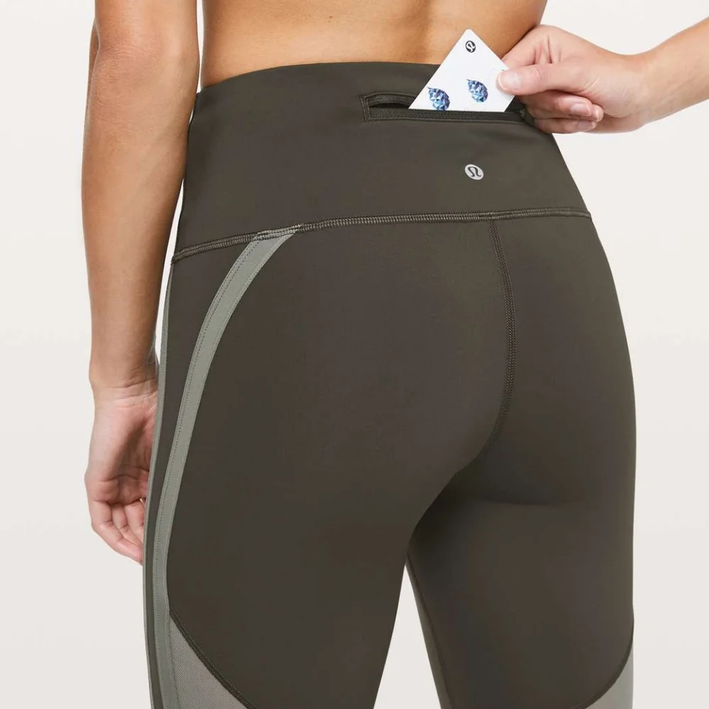 Lululemon Zip The Line Crop Leggings in Dark Olive / Grey Sage